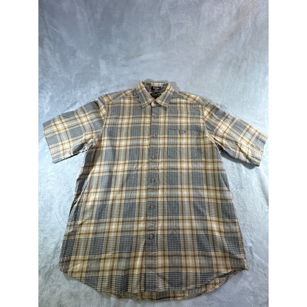 Ecko Unlimited mens Large Plaid Button-Up Short Sleeve tan multi color